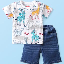 Babyhug Cotton Knit Half Sleeves T-Shirt & Denim Shorts Set With Animals Print - Multicolor-image-53