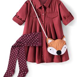 Babyhug Rayon Woven Full Sleeves Solid Color Frock with Leggings & Sling Bag - Dark Red-image-4