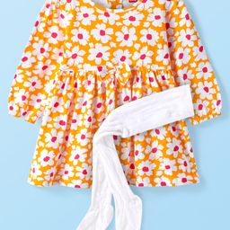Babyhug Single Jersey Knit Full Peasant Sleeves Floral Print Frock With Leggings - Orange-image-55