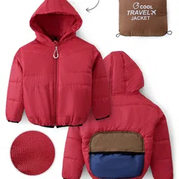 Little Kangaroos Woven Full Sleeves Solid Hooded Jacket - Red-picture-15