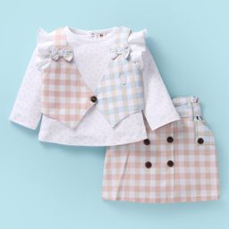 ToffyHouse Interlock Knit Full Sleeves Heart Printed Top & Skirt Set With Waistcoat & Bow Applique - White-picture-7
