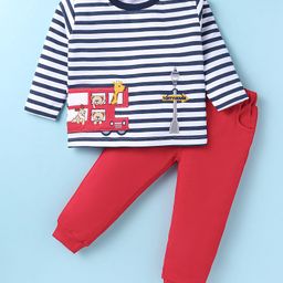 ToffyHouse 100% Cotton Knit Full Sleeves Striped T-Shirt & Joggers Set with Bus Embroidery - Red White & Black-21