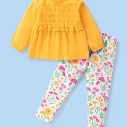 Babyhug Cotton Knit Full Sleeves  Schiffli & Lace Detailed Top With Floral Printed Leggings - Yellow-image-40