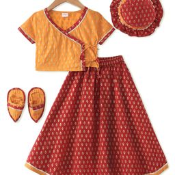 Babyhug Woven Half Sleeves Brocade Jamna Set with Pair of Booties &  Paghdi - Mustard-image-21