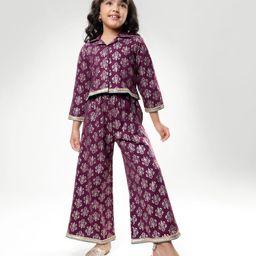 EARTHY TOUCH Single Jersey Knit Full Sleeves Floral Foil Printed Shirt Style Top & Palazzo Indo Western Set - Wine-image-57
