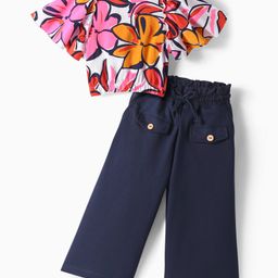 Ollington St. Cotton Knit Half Sleeves Floral Printed Top & Culotte Pant Set - Multicolor & Navy Blue-image-22