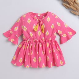 The Magic Wand Cotton Three Fourth Bell Sleeves Ikat Printed Gathered Top With Tassels - Pink-image-20