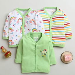 BUMZEE Cotton Knit Full Sleeves Stripes & Rainbow Printed Jhablas Pack Of 3 - Light Green& White-image-58