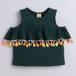 Aww Hunnie 100% Cotton Lycra Cold Shoulder Tassels & Frill Detailed Top - Green-image-46