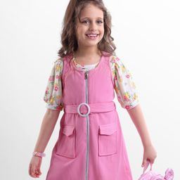 Hola Bonita Cotton Knit Dungaree Dress With Three Forth Sleeves Floral Printed Inner Top & Belt - Pink-picture-12