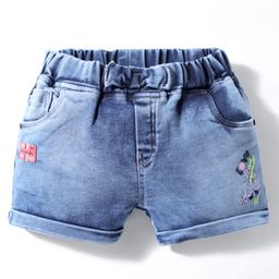Olio Kids Denim Knit Above Knee Length Shorts With Butterfly Embroidery - Light Blue-image-46