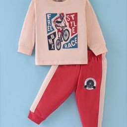CUCUMBER Sinker Knit Full Sleeves T-Shirt & Lounge Pant Set With BMX Print - Ivory & Red-picture-3