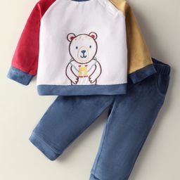 ToffyHouse Interlock Knit Full Raglan Sleeves T-Shirt & Trouser Set with Teddy Print - Navy Blue & White-picture-5