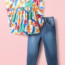 Babyhug Rayon Knit Flutter Sleeves Top & Denim Jeans Set With Floral & Leaf Print - White & Blue-image-18