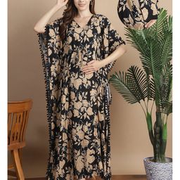 Secret Wish Rayon Woven Half Batwing Sleeves Floral Printed Maternity Kaftan Nighty With Side Zipper Nursing Access - Black & Golden-image-91