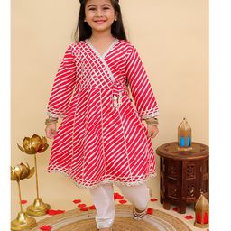 AJ Dezines Cotton Woven Full Sleeves Leheriya Printed & Gota Lace Embellished Kurti Pajama Set - Red-image-74