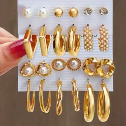 GOLDIWALA Set OF 12 Gold Plated Artificial Stones Studded Chunky Circular Shaped Studs-picture-41