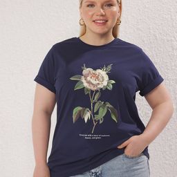 Trendyol Women Plus Size Floral Printed Round Neck Cotton Relaxed Fit T-shirt-image-78