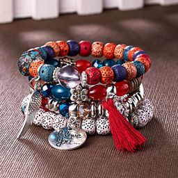 DressBerry Set Of 4 Silver-Plated Crystals Studded & Beaded Tribal Elasticated Bracelet-2