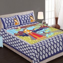 Aura Blue & White Ethnic Motifs 144 TC Queen Bedsheet with 2 Pillow Covers-image-116