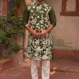 Jompers Floral Embroidered Chikankari Mandarin Collar Kurta With Pyjamas-image-92