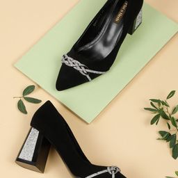 Flat n Heels Suede Block Pumps with Bows-4