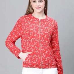 Oxolloxo Coral & White Floral Print Na Bomber Jacket-picture-17