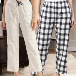 Kryptic White & White Cotton Relaxed Fit Printed Lounge Pants - Pack of 2-image-92
