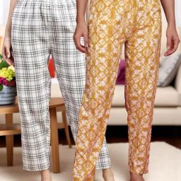 Kryptic Mustard & Beige Cotton Relaxed Fit Printed Lounge Pants - Pack of 2-image-91
