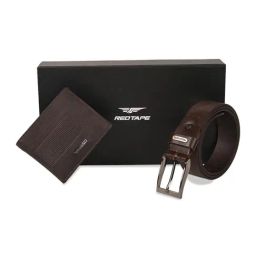 Red Tape Brown Textured Leather Belt & Wallet Gift set-image-5