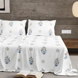 Jaipur Weaves White & Blue Floral Printed 210 TC Cotton King Bedsheet Set 2.54 m x 2.74 m-picture-8