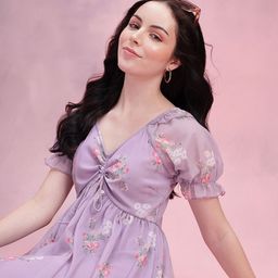 DressBerry Floral Print Ruched Tie-Up A-Line Midi Dress-picture-40