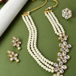 Zaveri Pearls Gold Tone Multistrand Pearls Ethnic Necklace Earring & Ring Set-ZPFK10726-10