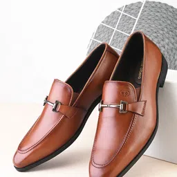 pelle albero Men Cognac Leather Formal Mocassion Shoes-image-6