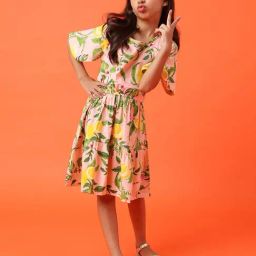 Tales & Stories Kids Peach & Green Printed Dress-image-14