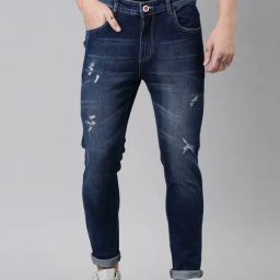 CINOCCI Blue Cotton Slim Fit Distressed Jeans-image-56