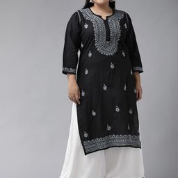 ADA Women Plus Size Black & Grey Ethnic Motifs Pure Cotton Chikankari Embroidered Kurta-picture-9