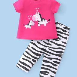 Babyhug Single Jersey Cotton Knit Half Sleeves Zebra Print Night Suit - Pink-image-98