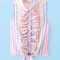 Babyhug Woven Sleeveless Front Open Striped  Top with Knot and Frill Detailing - Multicolour-image-2