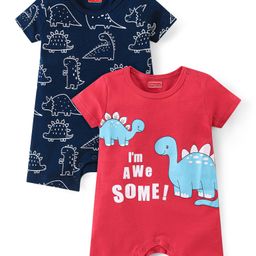 Babyhug 100% Cotton Knit Half Sleeves Rompers Dino Print Pack of 2 - Multicolour-image-94