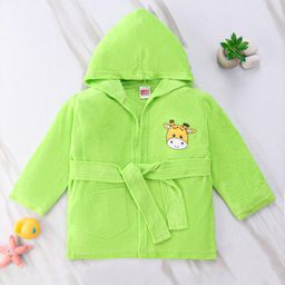 Babyhug Cotton Terry Knit Full Sleeves Hooded Bath Robe with Pocket Cow Embroidery - Green-image-11