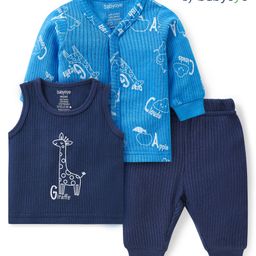 Babyoye Cotton Modal  Knit Full Sleeves Drop Needle Thermal Wear Set Giraffe   Print - Blue & Navy-image-86