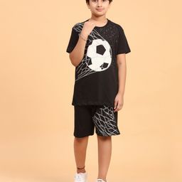 Ninos Dreams Cotton Jersey Half Sleeves Footballer Printed Co Ord Set  - Black-image-83