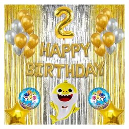 Bubble Trouble 2nd, Second Happy Birthday Baby Shark Party Decoration Foil Balloon Set with Balloons Combo Kids Birthday, Chiller Party, Baby Shower Theme Party Decoration Items - (Pack of 40) Golden-1