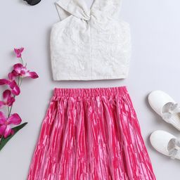 Taffykids Halter Neck Abstract Weaved Crop Top With Shimmered Pleated Skirt Set - White & Pink-image-95