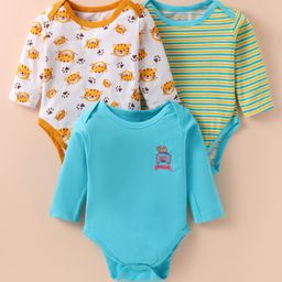 OHMS Single Jersey Knit Full Sleeves Onesie with Striped & Animal Print Pack of 3 - Blue Green & White-image-24