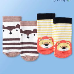 Babyoye Cotton Knit Animal and Stripe Print Ankle Socks Pack of 2 - Yellow and Brown-image-54