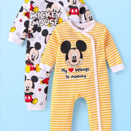 Babyhug Disney Interlock Knit Full Sleeves Front Open Striped & Mickey Mouse Printed Rompers Pack of 2 - White & Yellow-image-28