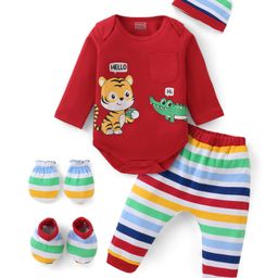 Babyhug 100% Cotton Knit Full Sleeves Onesies with Striped Leggings Cap Mittens & Booties Animal Print - Red-image-101