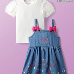 Babyoye 100% Cotton Woven Half Sleeves Inner T-Shirt & Frock with Pretty Text & Floral Embroidery - Blue & White-image-50